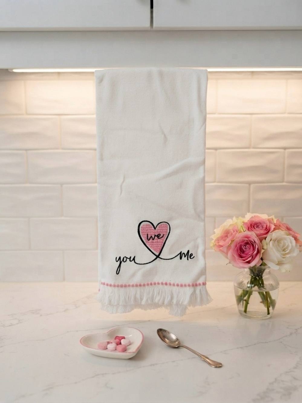 Ladinne White Kitchen Towel with Pink Heart "You Me"
